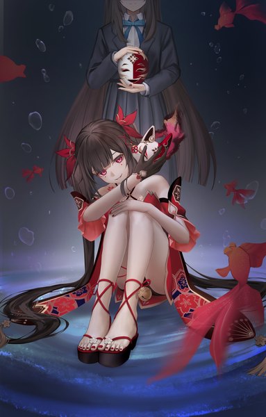 Anime picture 2508x3927 with honkai: star rail honkai (series) sparkle (honkai: star rail) mihaia tall image looking at viewer highres light erotic smile brown hair standing sitting twintails multiple girls very long hair nail polish head tilt pink eyes bare legs head out of frame
