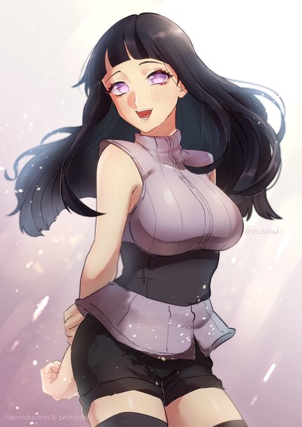 Anime picture 1254x1771 with naruto studio pierrot naruto (series) hyuuga hinata 12 hnt single long hair tall image looking at viewer blush fringe breasts open mouth black hair simple background smile blunt bangs :d pink eyes sleeveless