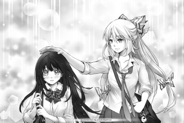 Anime picture 1687x1133 with touhou fujiwara no mokou houraisan kaguya shangguan feiying long hair blush fringe black hair hair between eyes multiple girls signed white hair pleated skirt light smile monochrome walking twisty sleeves headpat girl skirt