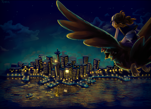 Anime picture 1200x870 with pokemon pokemon black and white nintendo staraptor white (pokemon) aonik single brown hair cloud (clouds) ponytail night city reflection cityscape flying city lights girl hat animal water