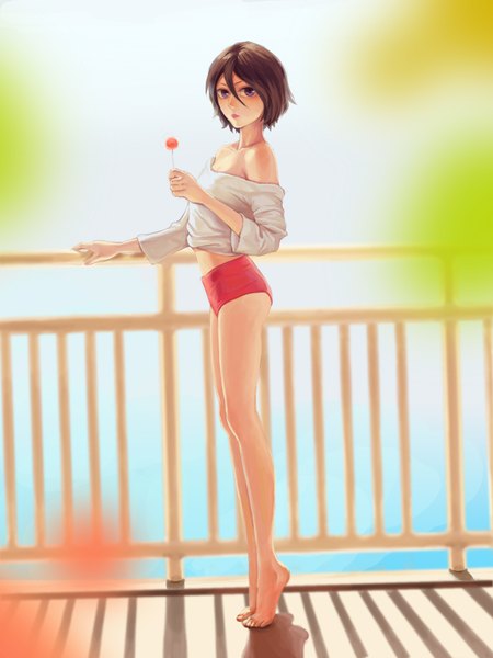 Anime picture 1500x2000 with bleach studio pierrot kuchiki rukia huan qing meng single tall image looking at viewer short hair light erotic brown hair standing purple eyes bare shoulders holding lips bare legs shadow turning head squat girl