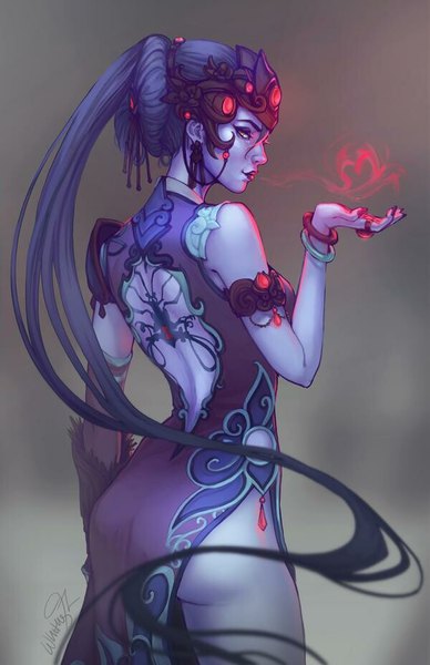Anime-Bild 600x928 mit overwatch blizzard entertainment widowmaker (overwatch) black lily widowmaker whitney lanier single long hair tall image looking at viewer light erotic simple background brown eyes signed purple hair ass ponytail traditional clothes profile grey background tattoo