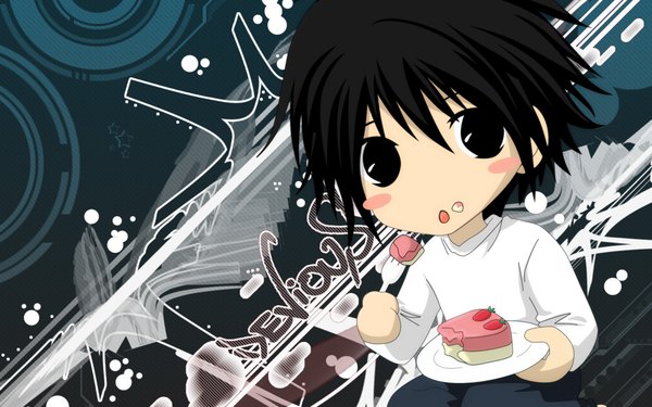 Anime picture 1920x1200 with death note madhouse l (death note) single highres short hair black hair wide image black eyes eating chibi boy sweets cake plate