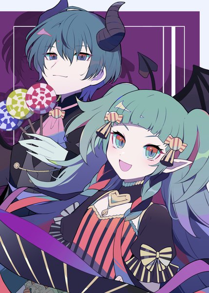 Anime picture 786x1100 with fire emblem fire emblem: three houses fire emblem heroes nintendo byleth (fire emblem) byleth (male) (fire emblem) sothis (fire emblem) sasa kado (redbluemoon74) long hair tall image looking at viewer fringe short hair open mouth blue eyes hair between eyes green eyes blue hair tail blunt bangs