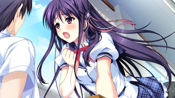 Anime picture 1280x720 with tojita sekai no tori colony long hair blush short hair open mouth black hair wide image brown eyes game cg purple hair couple girl boy uniform school uniform