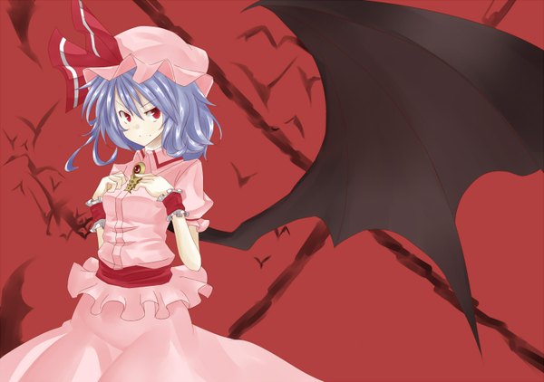 Anime picture 1500x1056 with touhou remilia scarlet kikiriri (artist) single short hair red eyes blue hair single wing girl dress wings wrist cuffs bonnet