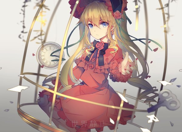 Anime picture 2598x1890 with rozen maiden shinku xiaohan single long hair looking at viewer highres blue eyes twintails watermark drill hair lolita fashion doll joints torn girl dress ribbon (ribbons) petals frills clock