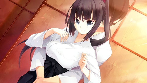 Anime picture 1280x720 with hyouka no mau sora ni shiori mitsuike long hair blue eyes black hair wide image game cg ponytail hug girl
