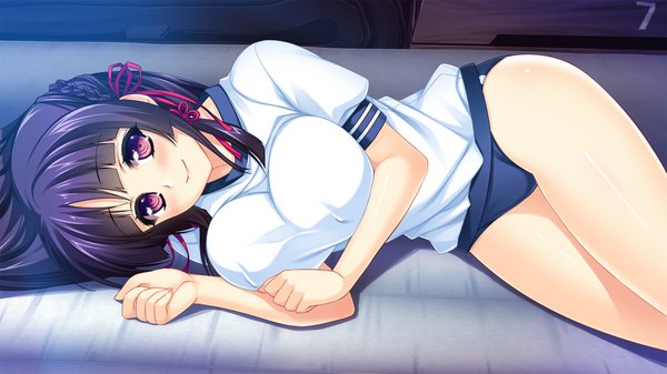 Anime picture 1280x720 with tsuyokiss next long hair blush breasts light erotic black hair smile wide image large breasts purple eyes game cg girl uniform gym uniform