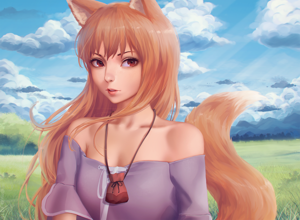 Anime picture 1680x1236 with spice and wolf horo miura-n315 single long hair looking at viewer fringe red eyes brown hair bare shoulders animal ears sky cloud (clouds) upper body outdoors tail parted lips animal tail wind lips