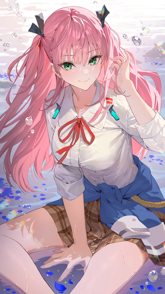 Anime picture 3080x5476 with heaven burns red aikawa megumi teffish single long hair tall image looking at viewer fringe highres breasts smile hair between eyes sitting green eyes pink hair absurdres arm up arm support two side up partially submerged