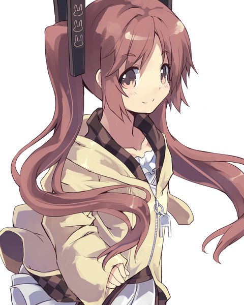 Anime-Bild 2000x2500 mit black bullet kinema citrus aihara enju nomalandnomal single long hair tall image looking at viewer blush fringe highres simple background smile brown hair white background twintails payot long sleeves pink eyes from above