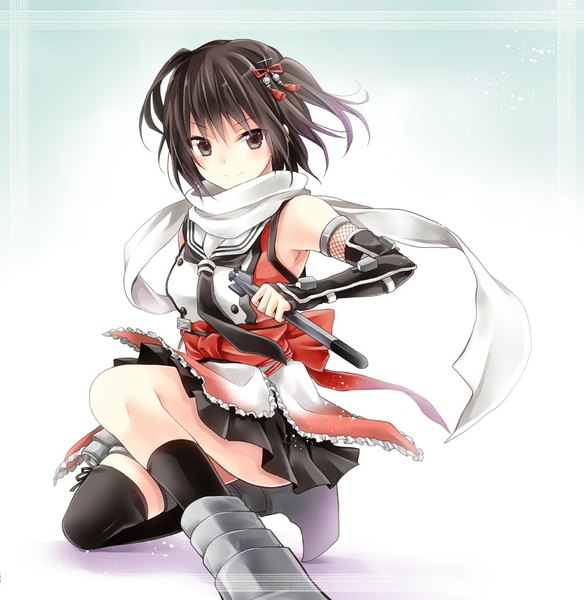 Anime picture 900x924 with kantai collection sendai light cruiser kubyou azami single tall image blush fringe short hair smile brown hair bare shoulders brown eyes looking away wind two side up squat framed fighting stance >:) girl