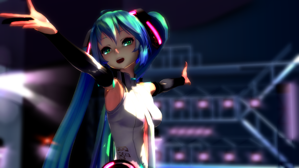 Anime picture 1920x1080 with vocaloid vocaloid append hatsune miku hatsune miku (append) f-san single long hair looking at viewer fringe highres open mouth wide image twintails green eyes aqua hair spread arms 3d girl gloves detached sleeves