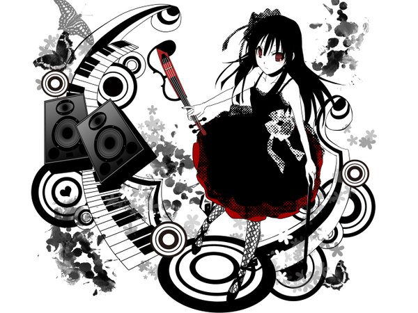 Anime picture 1400x1050 with vocaloid vy1 (mizki) long hair black hair red eyes goth-loli girl dress hair ornament black dress insect butterfly musical instrument piano violin speakers bow (instrument)