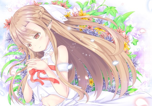 Anime picture 1200x834 with sword art online a-1 pictures yuuki asuna titania (alo) ayakase hotaru single long hair blush brown hair bare shoulders brown eyes looking away pointy ears girl dress flower (flowers) petals leaf (leaves)