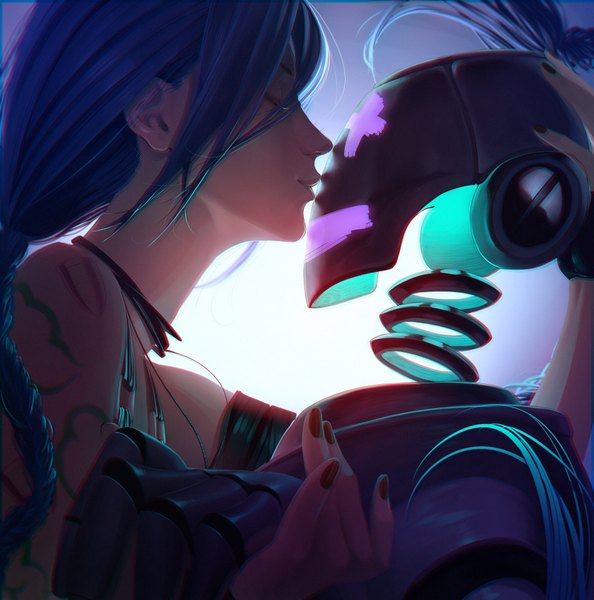 Anime picture 1760x1778 with league of legends jinx (league of legends) revolmxd long hair tall image highres bare shoulders blue hair braid (braids) eyes closed profile lips girl robot