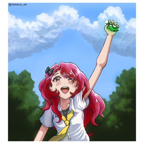 Anime picture 2600x2600 with original viimacry_art single long hair blush fringe highres open mouth smile hair between eyes standing brown eyes signed sky cloud (clouds) outdoors red hair :d arm up teeth