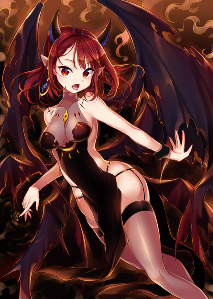 Anime picture 740x1038 with original songmil single tall image looking at viewer short hair breasts open mouth light erotic red eyes red hair horn (horns) demon girl girl thighhighs dress wings tongue