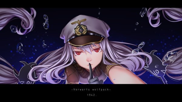 イラスト 1920x1080 と 戦艦少女 u96 (warship girls r) 纸箱纸 ソロ カメラ目線 前髪 highres hair between eyes 赤い目 wide image ツインテール purple hair very long hair floating hair おさげ finger to mouth letterboxed underwater angry 女の子