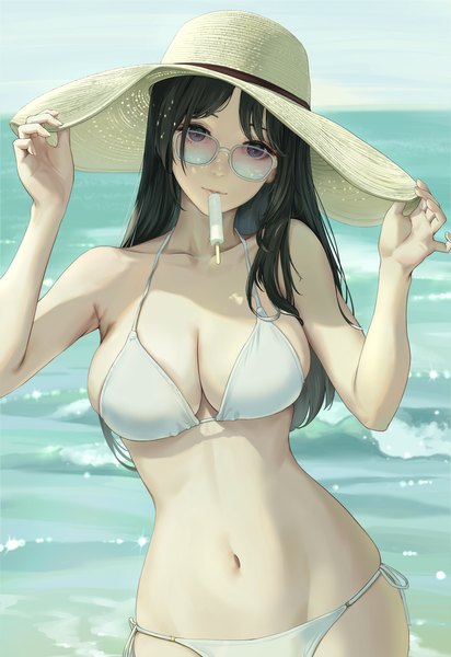 Anime-Bild 2255x3287 mit original tooku0 single long hair tall image looking at viewer fringe highres breasts blue eyes light erotic black hair large breasts standing holding outdoors head tilt arms up mouth hold skindentation