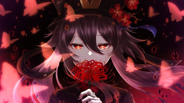 Anime picture 2560x1440 with genshin impact hu tao (genshin impact) nisikm single long hair looking at viewer fringe highres hair between eyes red eyes brown hair wide image twintails upper body nail polish symbol-shaped pupils covered mouth black nail polish girl flower (flowers)