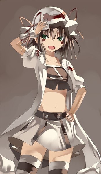 Anime picture 559x960 with yumekui merry merry nightmare kureha (ironika) single long hair tall image simple background hair between eyes green eyes looking away grey hair grey background bare belly zettai ryouiki hand on hip facial mark hand on head girl thighhighs skirt