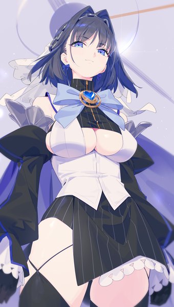 Anime picture 4244x7486 with virtual youtuber hololive hololive english ouro kronii ouro kronii (1st costume) yd (orange maru) single tall image looking at viewer fringe highres short hair breasts blue eyes light erotic black hair simple background large breasts standing bare shoulders