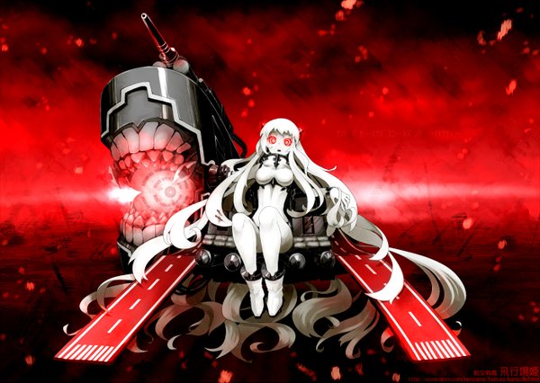 Anime picture 1400x995 with kantai collection airfield hime oso (pixiv) single looking at viewer red eyes sitting full body white hair very long hair :o text pale skin shinkaisei-kan girl hair ornament weapon boots gun bodysuit