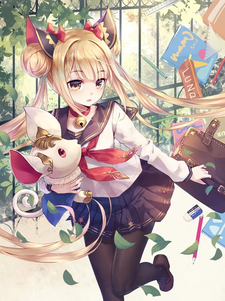 Anime picture 1370x1830 with shadowverse luna (shadowverse) wait (artist) single tall image fringe blonde hair twintails yellow eyes payot looking away blunt bangs very long hair parted lips from above hair bun (hair buns) girl skirt uniform bow