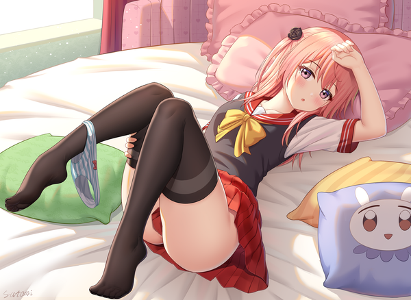 Anime picture 1779x1300 with sono bisque doll wa koi wo suru cloverworks inui sajuna satomi (745684552) single long hair looking at viewer blush fringe highres open mouth light erotic purple eyes pink hair full body bent knee (knees) indoors lying pleated skirt arm up