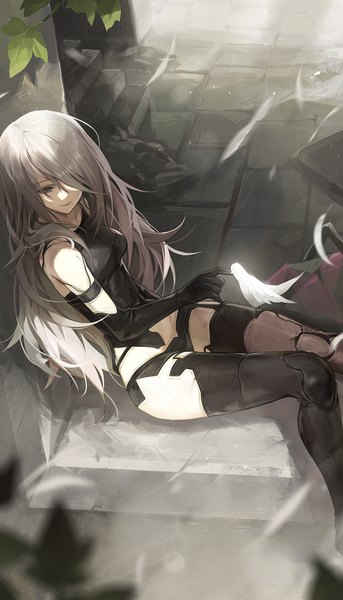 Anime picture 1000x1750 with nier nier:automata yorha type a no. 2 goomrrat single long hair tall image fringe sitting silver hair bent knee (knees) from above blurry hair over one eye mole grey eyes mole under mouth girl gloves animal