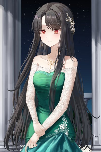 Anime picture 2000x3000 with original ron me s2 single long hair tall image looking at viewer blush fringe highres black hair red eyes standing bare shoulders light smile off shoulder night night sky floral print holding arm girl