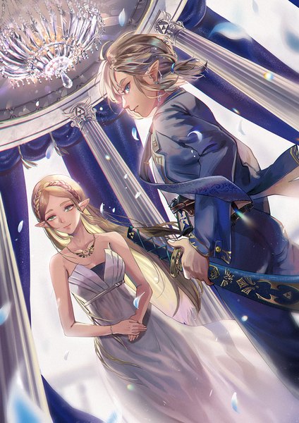 Anime picture 1000x1415 with the legend of zelda the legend of zelda: breath of the wild nintendo princess zelda link whitetown long hair tall image looking at viewer short hair blue eyes blonde hair indoors braid (braids) profile pointy ears low ponytail sheathed crown braid girl
