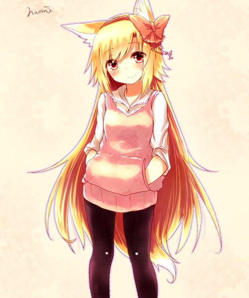 Anime picture 1024x1224 with original futaba akane naomi (sekai no hate no kissaten) single long hair tall image looking at viewer blush fringe simple background blonde hair smile red eyes animal ears tail animal tail fox ears fox tail fox girl hands in pockets