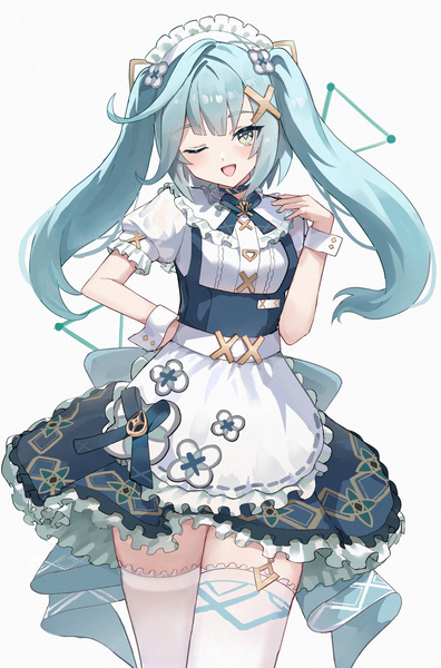 Anime-Bild 1619x2455 mit genshin impact faruzan (genshin impact) faruzan (cafe) (genshin impact) aftamc single long hair tall image looking at viewer open mouth simple background white background twintails green eyes aqua hair maid zettai ryouiki hand on hip official alternate costume ;d girl
