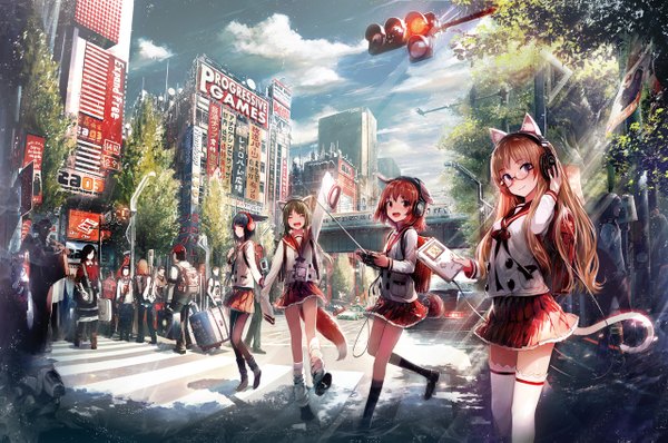 Anime picture 1280x851 with original shirakaba long hair looking at viewer blush short hair open mouth black hair red eyes brown hair multiple girls animal ears sky cloud (clouds) red hair tail animal tail cat ears cat girl cat tail