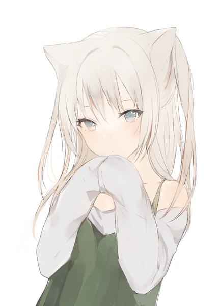 Anime picture 620x865 with original lpip single long hair tall image looking at viewer blush fringe blue eyes simple background white background bare shoulders animal ears upper body long sleeves head tilt grey hair cat ears :o cat girl
