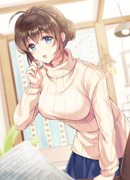Anime picture 867x1200 with original mono lith single tall image looking at viewer fringe short hair breasts open mouth blue eyes hair between eyes brown hair payot ahoge indoors braid (braids) :o hair bun (hair buns) girl sweater
