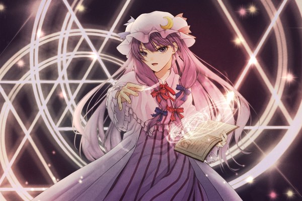 Anime picture 2048x1365 with touhou patchouli knowledge oshamu single long hair looking at viewer highres open mouth purple eyes purple hair outstretched hand tress ribbon girl ribbon (ribbons) hair ribbon hat book (books) bonnet