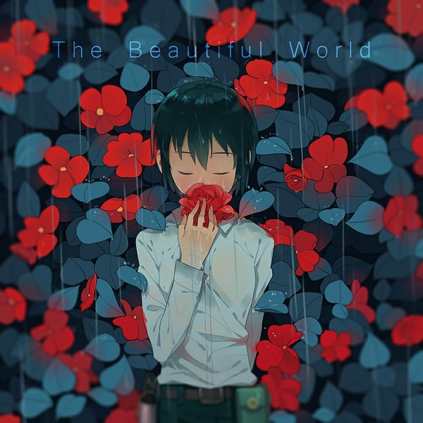 Anime picture 1000x1000 with kino no tabi kino (kino no tabi) luo. single fringe short hair black hair standing eyes closed wet rain wet clothes wet shirt girl flower (flowers) plant (plants) shirt belt white shirt rose (roses)