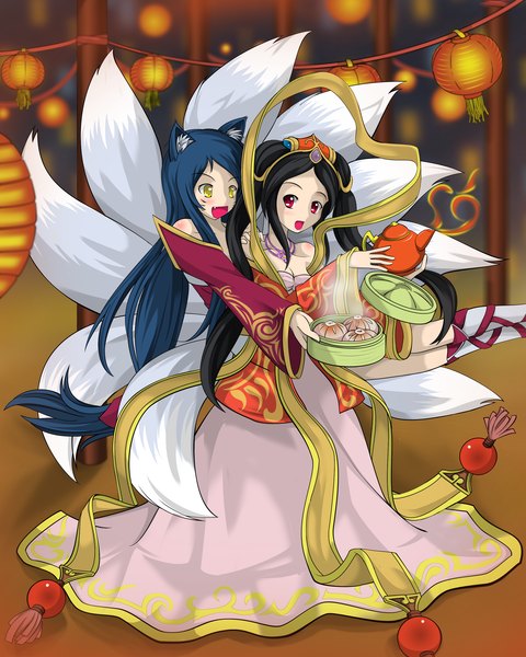 Anime picture 2495x3119 with league of legends ahri (league of legends) sona buvelle long hair tall image blush highres black hair red eyes twintails multiple girls animal ears yellow eyes traditional clothes animal tail fox ears facial mark multiple tails whisker markings girl