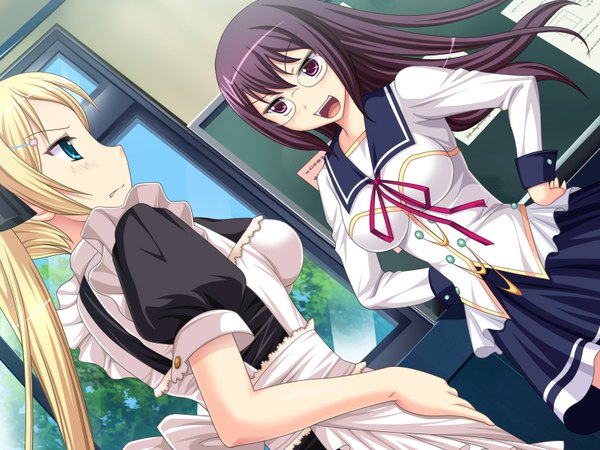 Anime picture 1600x1200 with m teacher - kanojo no nayami ooki kyouiku jijou oikawa tomoko miyata yasuha long hair open mouth blue eyes black hair blonde hair twintails multiple girls game cg pink eyes maid girl 2 girls glasses serafuku