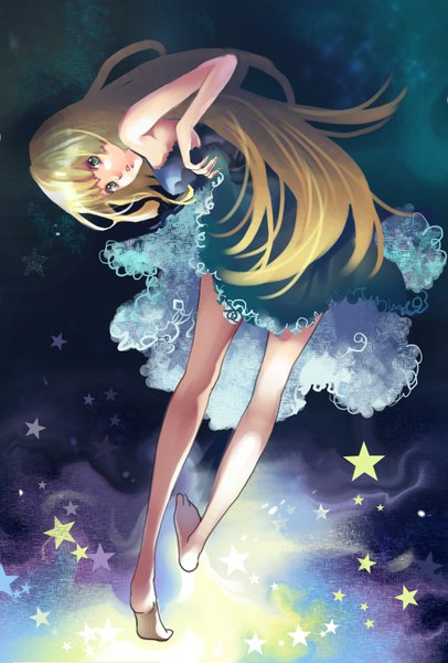 Anime picture 1060x1567 with original chushengdao long hair tall image looking at viewer fringe blonde hair green eyes sky very long hair barefoot from behind night night sky skirt lift girl dress skirt star (symbol)