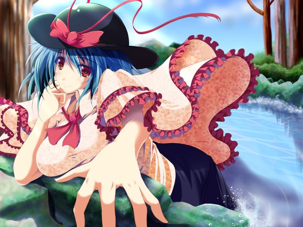 Anime picture 1600x1200 with touhou nagae iku reiha (penetrate) single short hair red eyes blue hair girl bow plant (plants) hat tree (trees) water