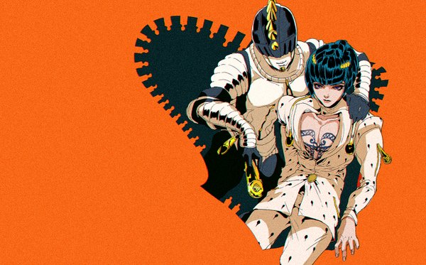 Anime picture 1446x900 with jojo no kimyou na bouken bruno buccellati sticky fingers (stand) miyama (c175311) short hair blue eyes black hair simple background wide image tattoo hand on another's shoulder orange background stand (jojo) boy