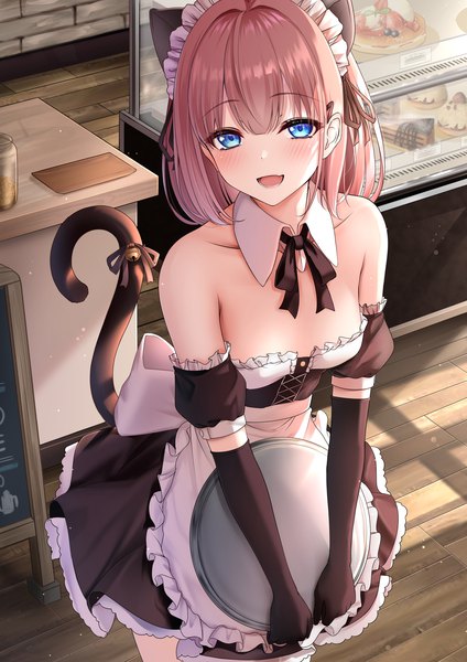 Anime picture 2894x4093 with original monaka curl single tall image looking at viewer blush fringe highres short hair breasts open mouth blue eyes light erotic brown hair standing bare shoulders holding animal ears indoors tail