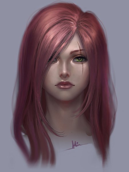 Anime picture 1500x2000 with league of legends katarina (league of legends) chubymi single long hair tall image looking at viewer fringe simple background green eyes signed red hair lips blurry hair over one eye realistic grey background lipstick portrait scar