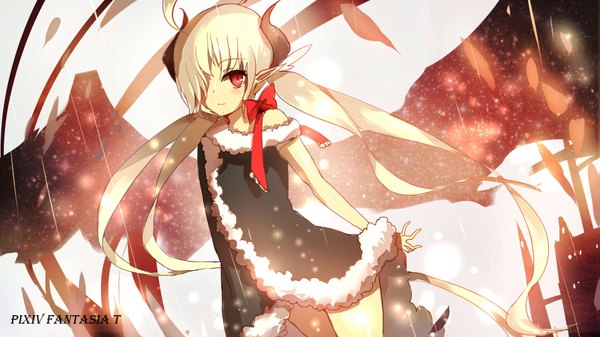 Anime picture 1920x1080 with original pixiv fantasia rulu sishenfan single long hair looking at viewer blush fringe highres blonde hair red eyes wide image twintails horn (horns) pointy ears hair over one eye low twintails jpeg artifacts girl