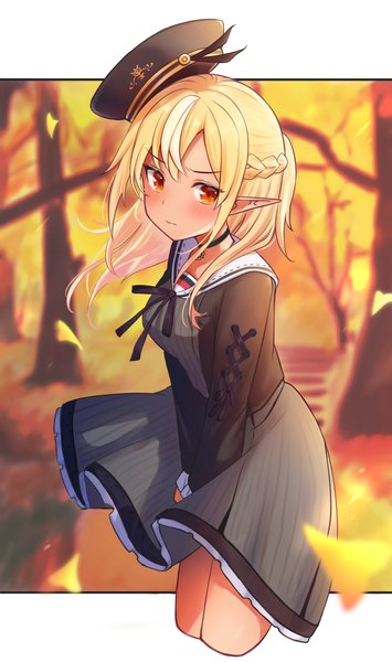 Anime picture 2144x3624 with virtual youtuber hololive shiranui flare shiranui flare (street) sasaki (glass1138) single long hair tall image looking at viewer blush highres blonde hair wind pointy ears orange eyes official alternate costume half updo outside border sailor collar autumn